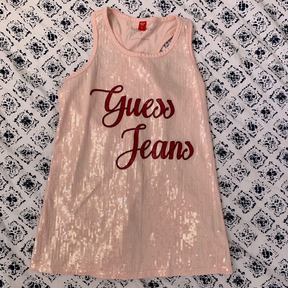 Pink sequence tank top with red letters